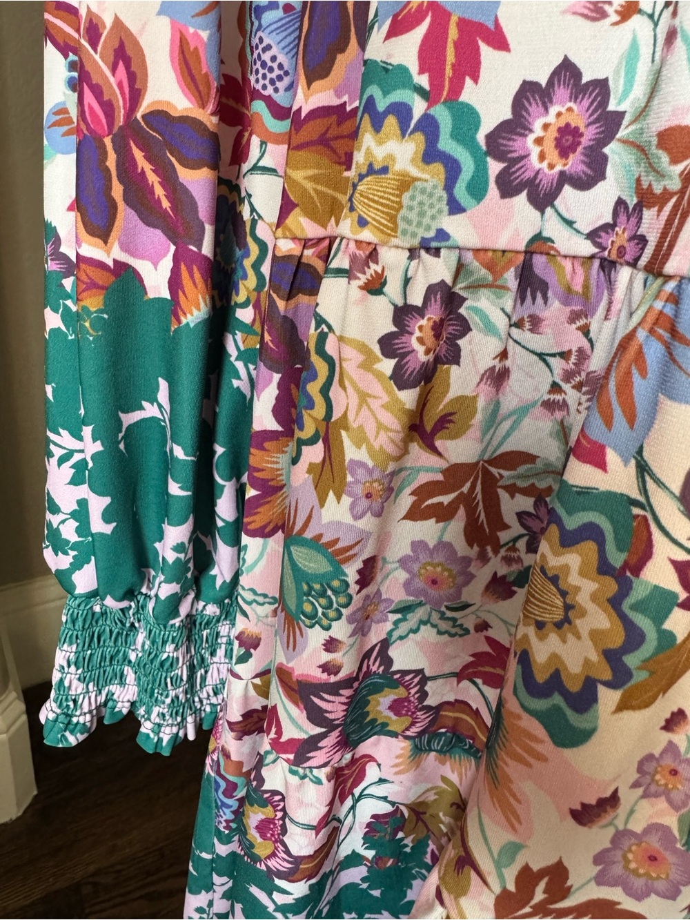 Hale Bob NWOT Floral Tiered Jersey Mini Dress Multicolor Boho Long Sleeve L - Picture 4 of 13